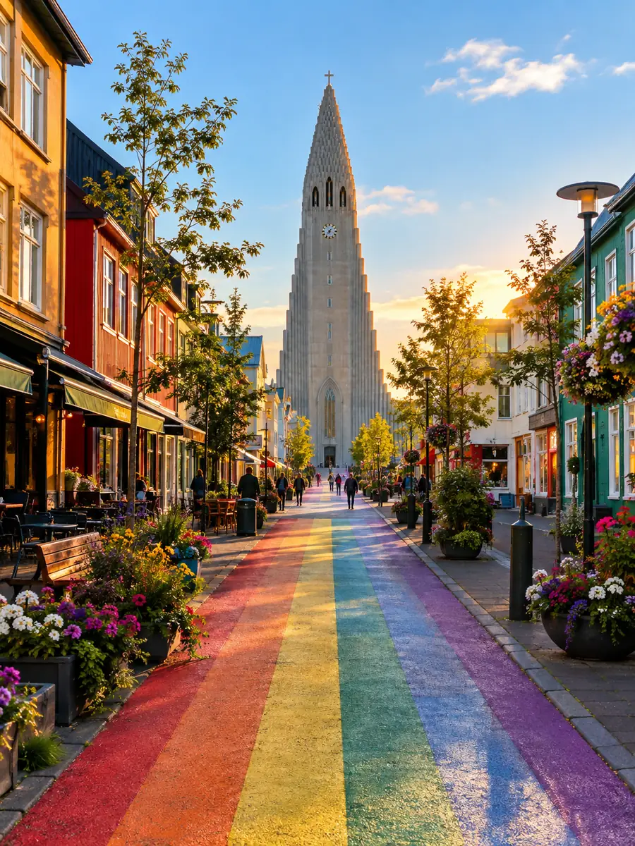 Die regenbogenbemalte Skolavordustigur, die im Sommer zur Hallgrimskirkja hinaufführt