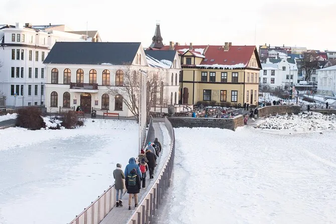 Il laghetto Tjornin ghiacciato nel centro di Reykjavik, con i tetti innevati sullo sfondo