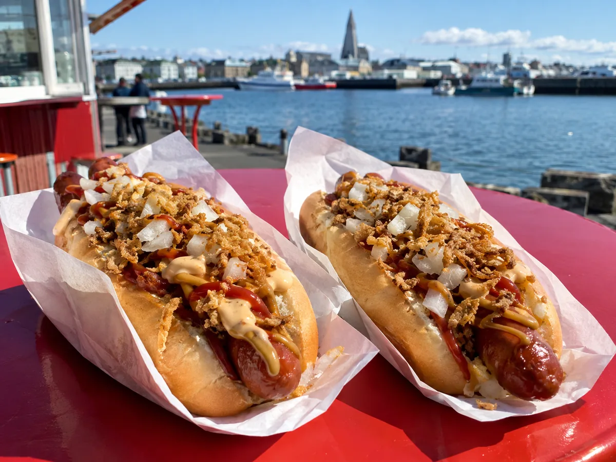 Zwei isländische Hotdogs mit Röstzwiebeln, Senf und Remoulade