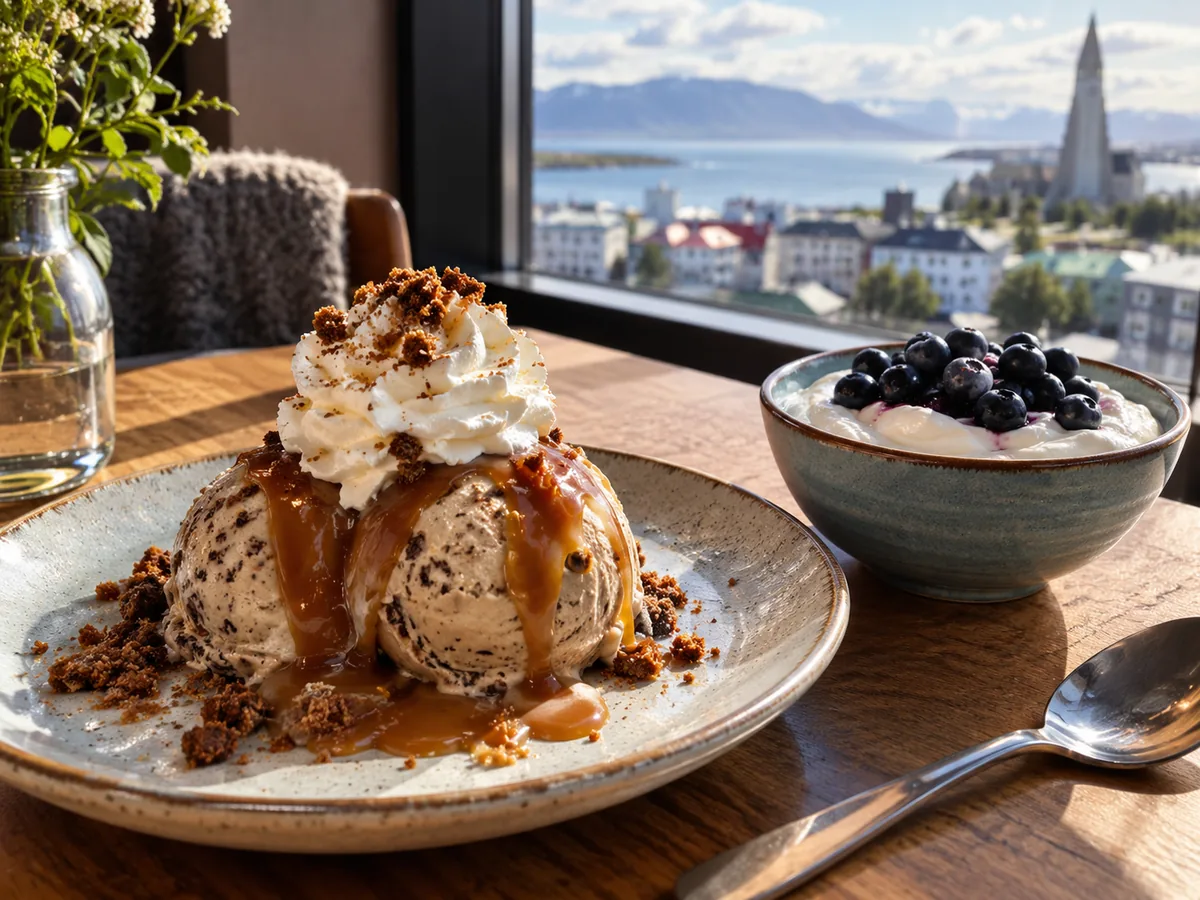 Roggenbrot-Eis mit Karamellsauce neben einer Schüssel Skyr mit Blaubeeren