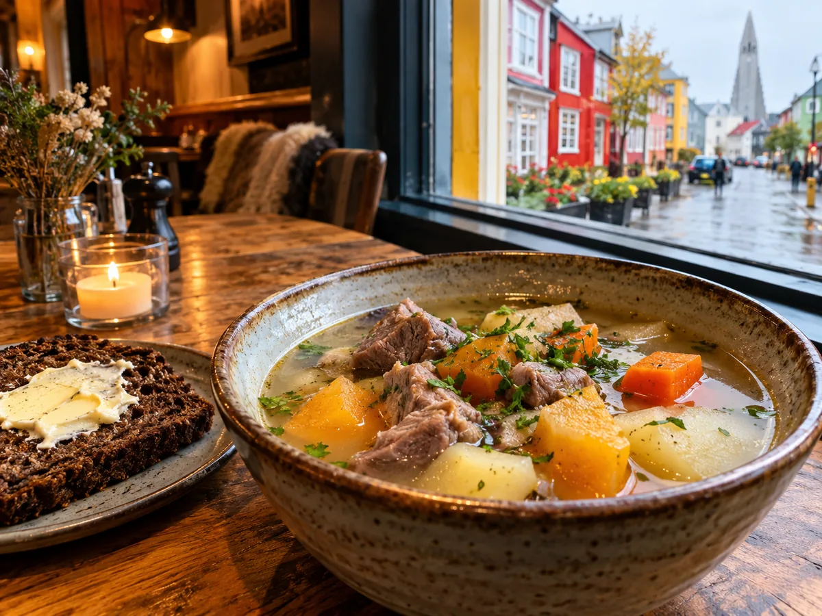 Eine Schüssel isländische Lammsuppe mit Wurzelgemüse und Roggenbrot